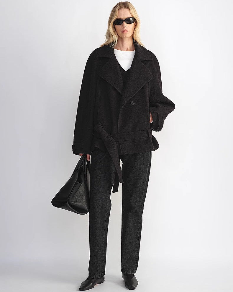 'Warm Cocoon' Italian Herringbone Wool Classic Lapel Short Coat