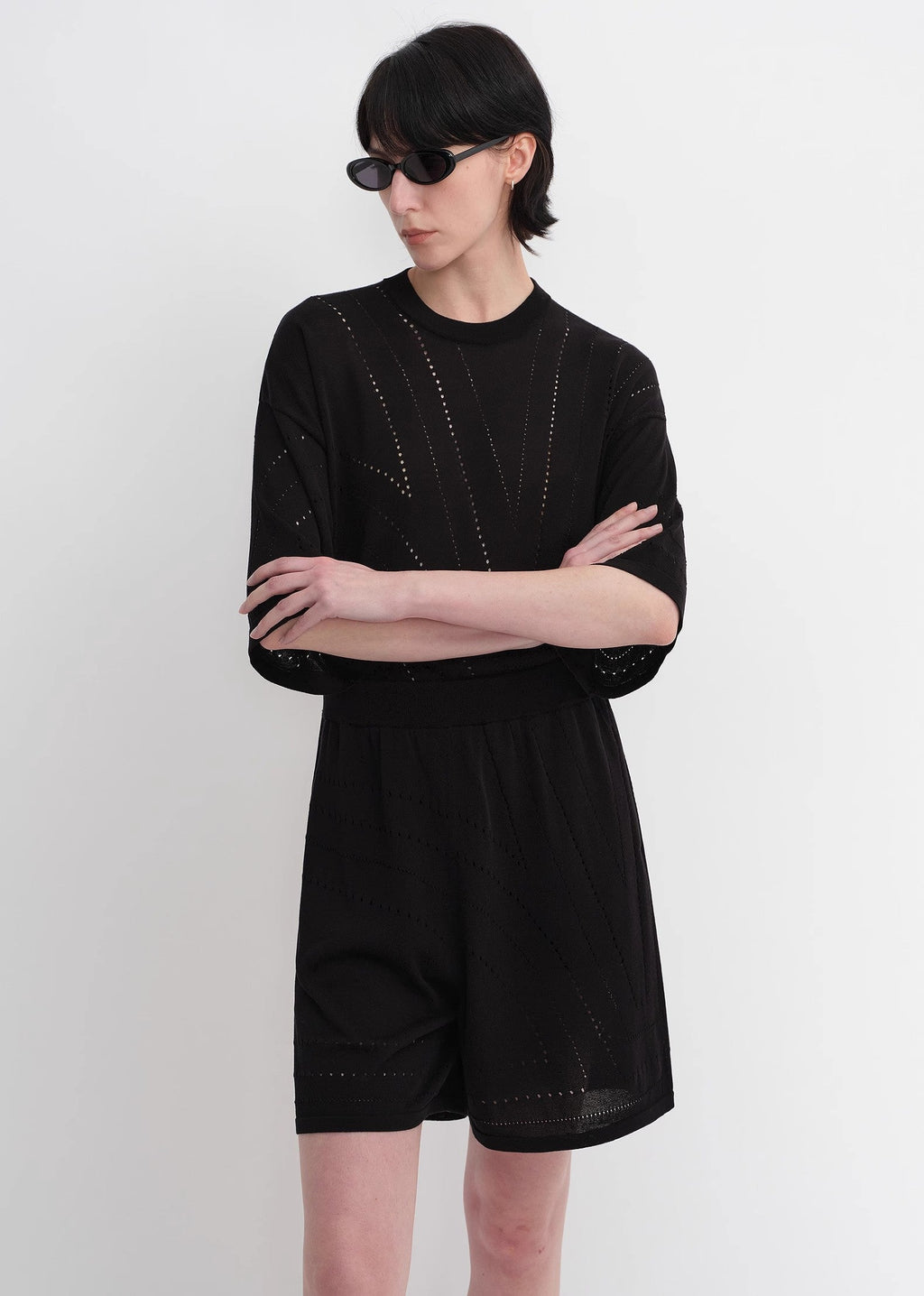 Customized Acetate Cotton Geometric Lines Knitted Suit | Black