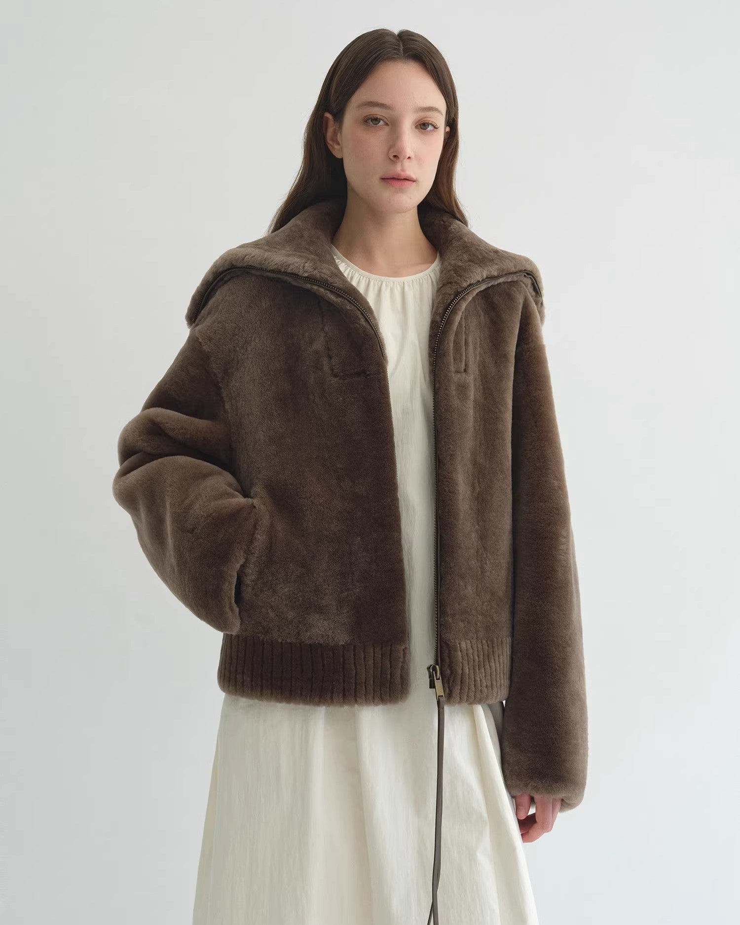 Women's Shearling Leather Coat | Short Navy Collar Merino Wool Blend ‘Butter Crisp’