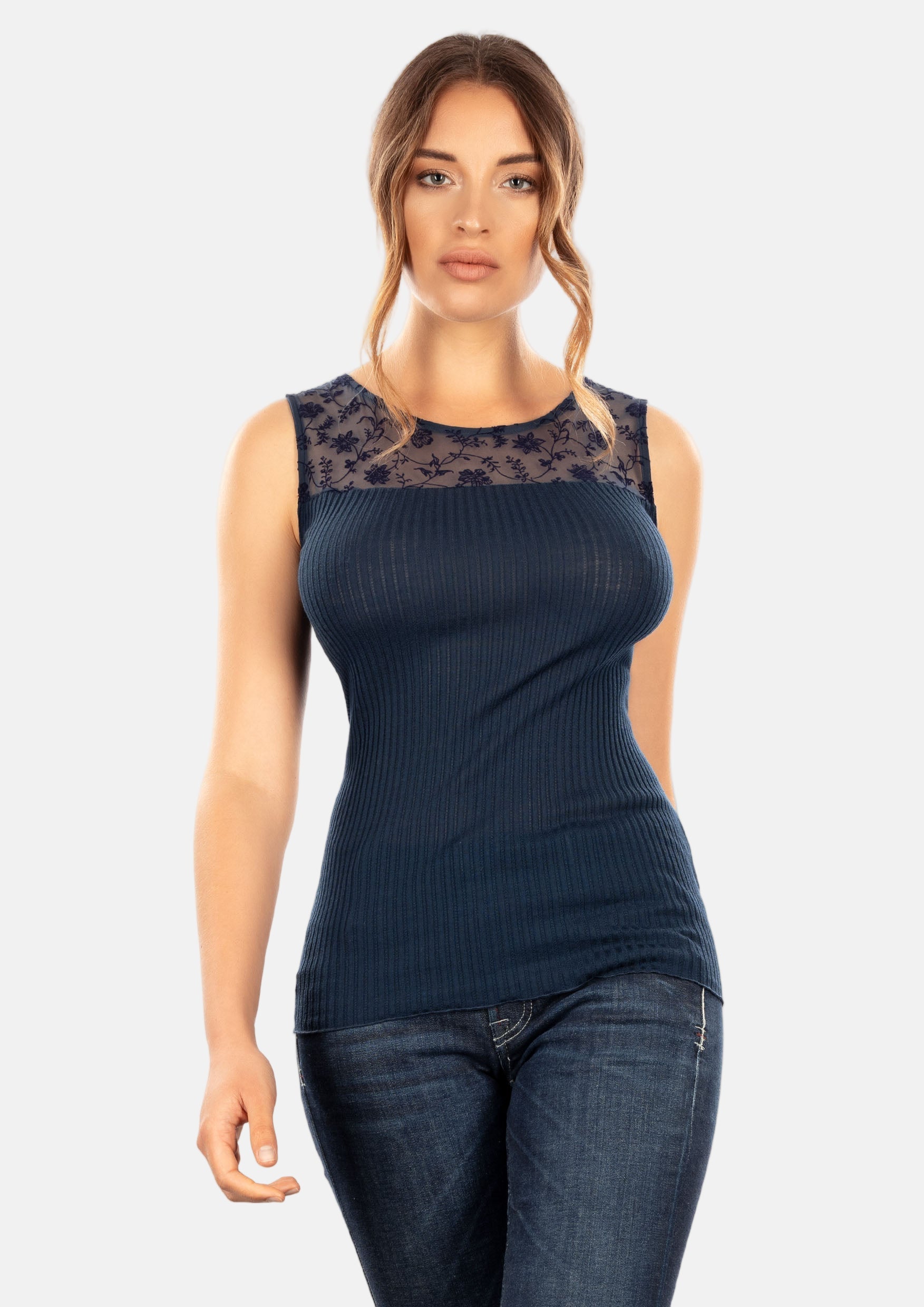 EGI Exclusive Merino Wool Blend Top with Tulle Trim