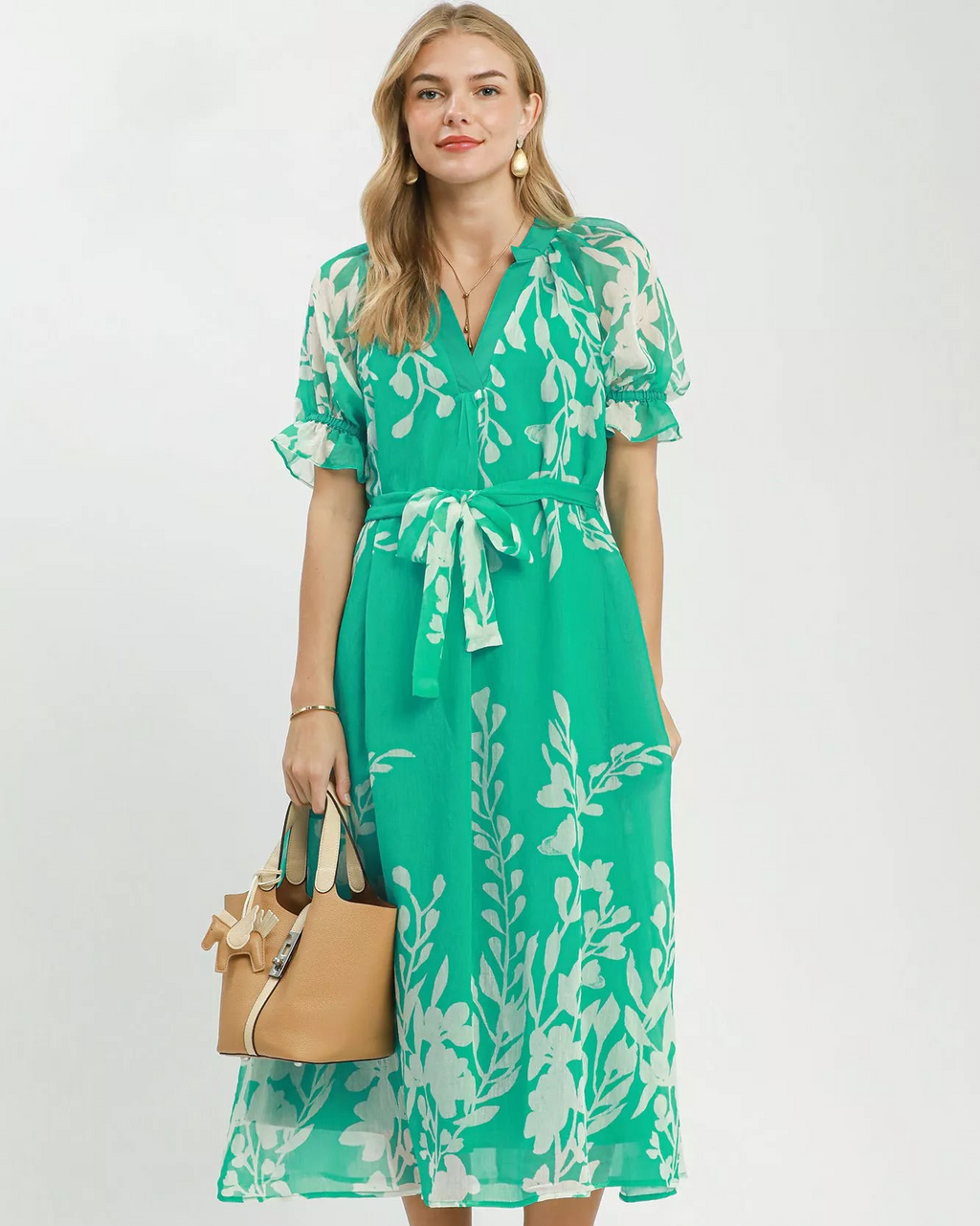 Umgee Floral Print Tie Waist Midi Dress with Side Pockets