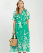 Umgee Floral Print Tie Waist Midi Dress with Side Pockets