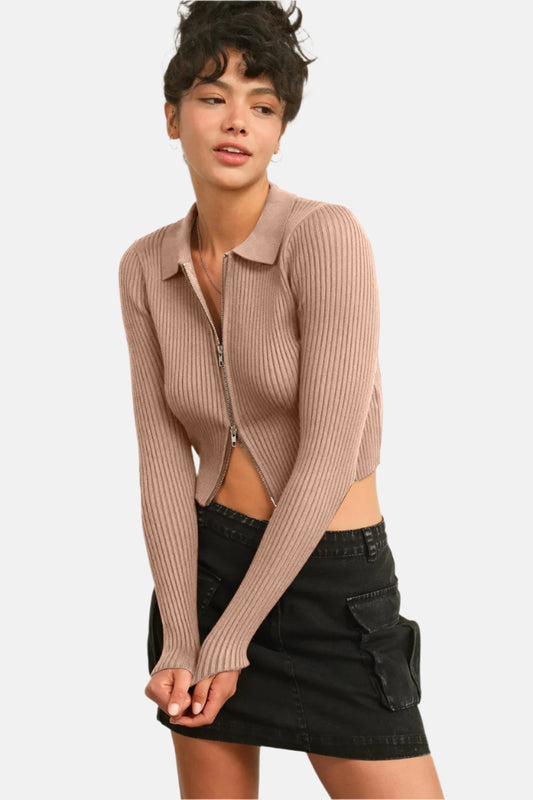 Ribbed Double Zip Cropped Cardigan Taupe