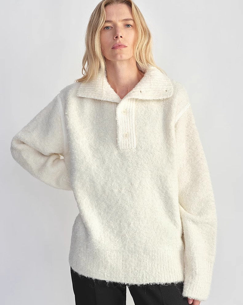 Alpaca Wool Blend Bouclé Yarn Spliced Polo Sweater Shirt