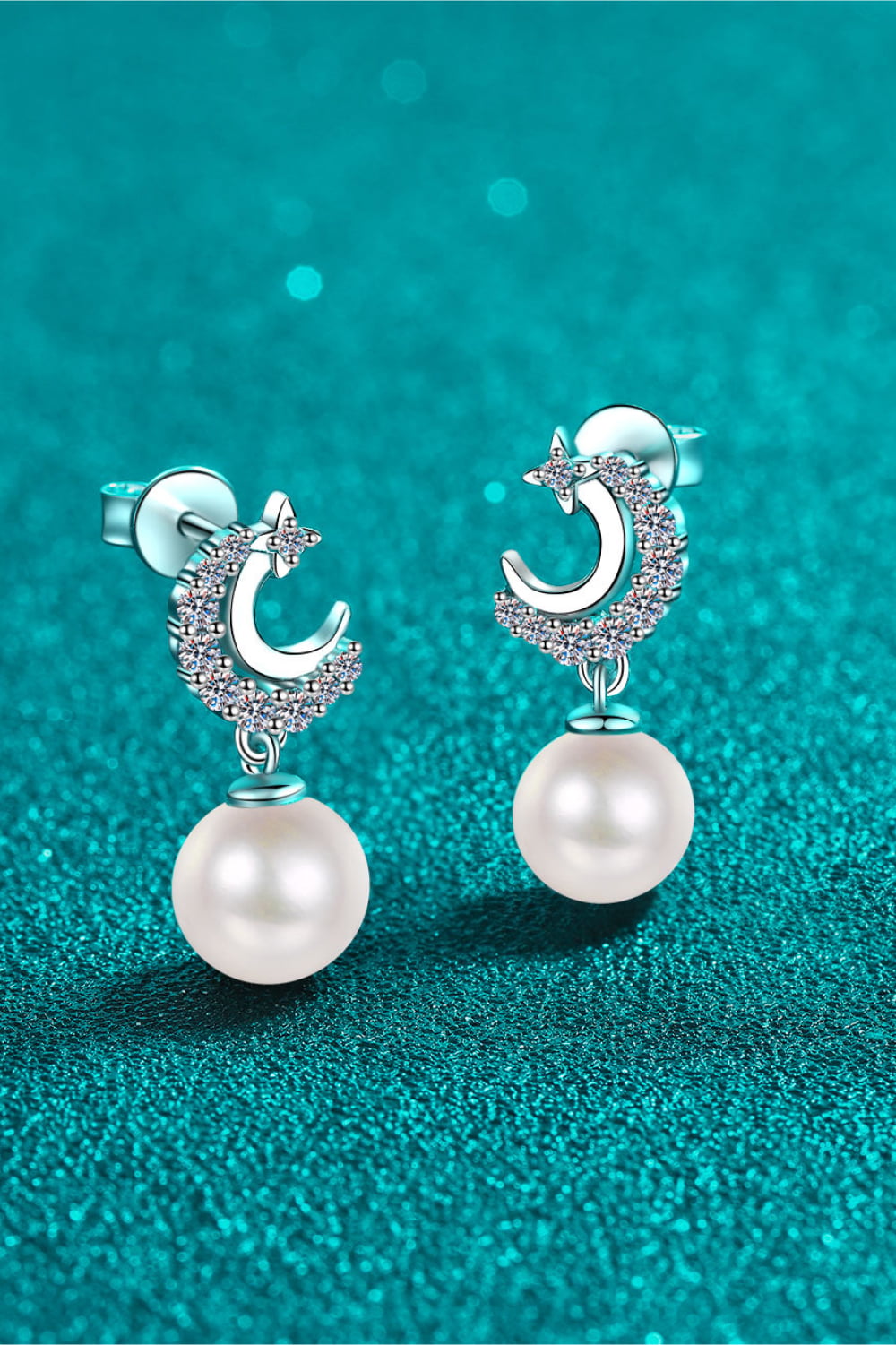 Pearl Drop Silver Moon Earrings