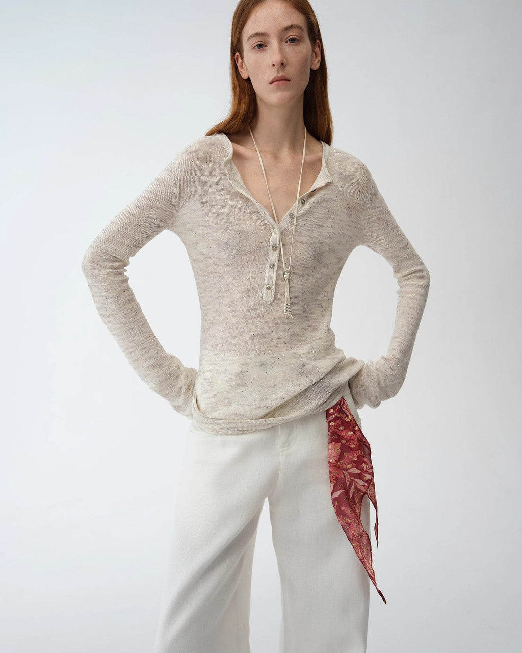 Cotton and Linen Beaded Yarn Waisted Bell Sleeve Cardigan ‘Perry Moonlight’