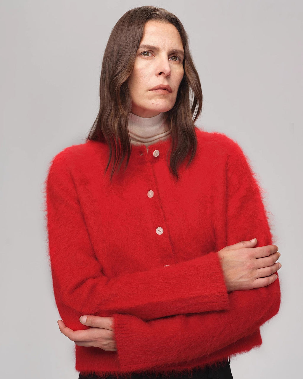 Albaca Alpaca Brushed Round Neck Straight Cardigan