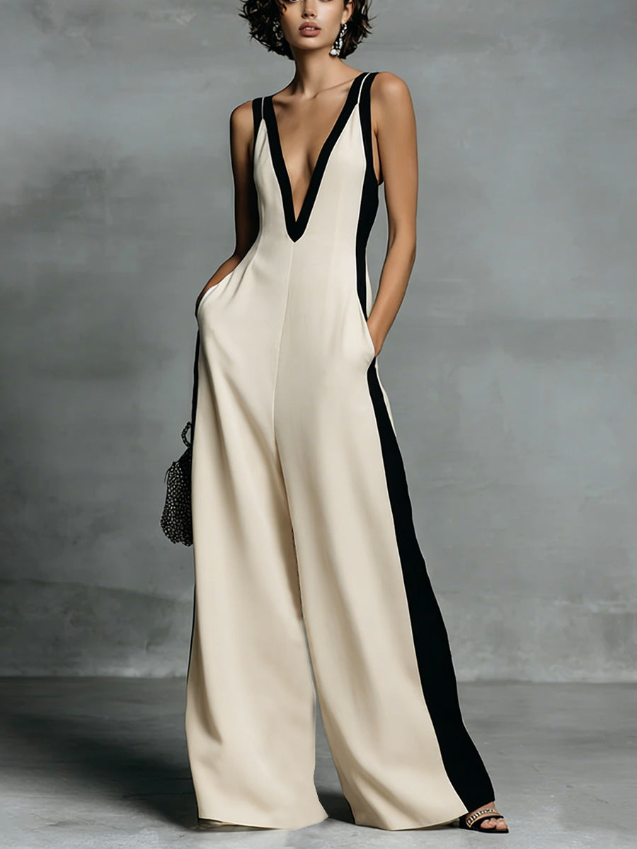 Women's Color-Block Sleeveless V-Neck Wide-Leg Jumpsuit