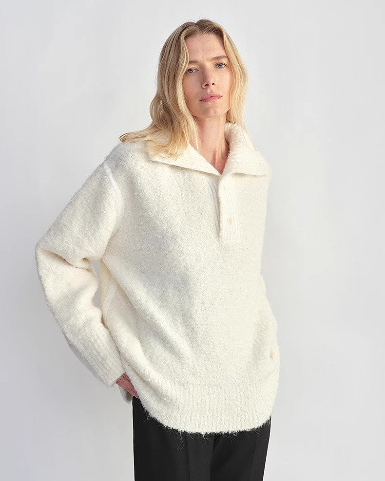 Alpaca Wool Blend Bouclé Yarn Spliced Polo Sweater Shirt