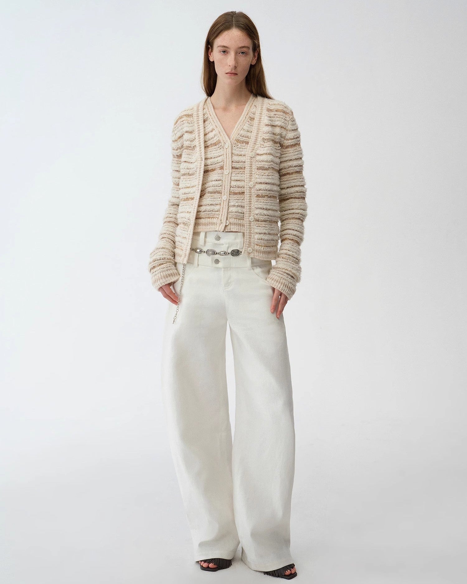 ‘Nice Weekend’ Striped Mixed Woven Knit Cardigan/Vest