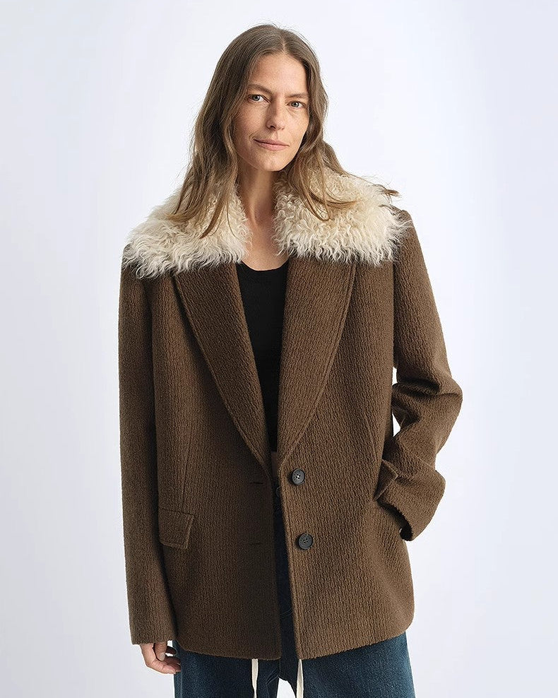 Fireladyfur Wool Tweed Coat with Detachable Fur Collar 'Vertical Texture'