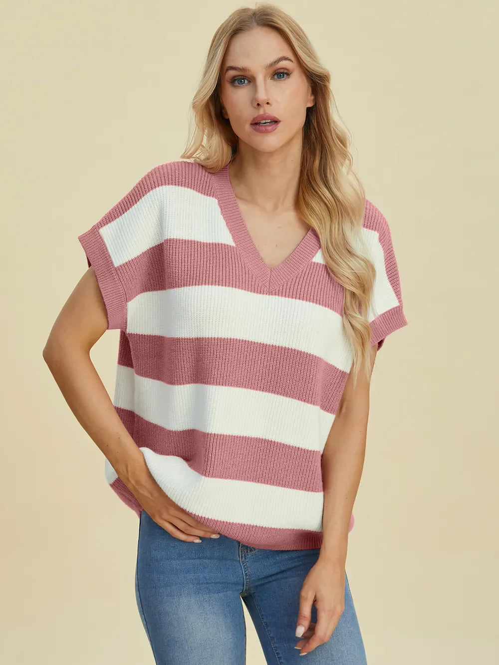 Double Take Striped V-Neck Short Sleeve Sweater