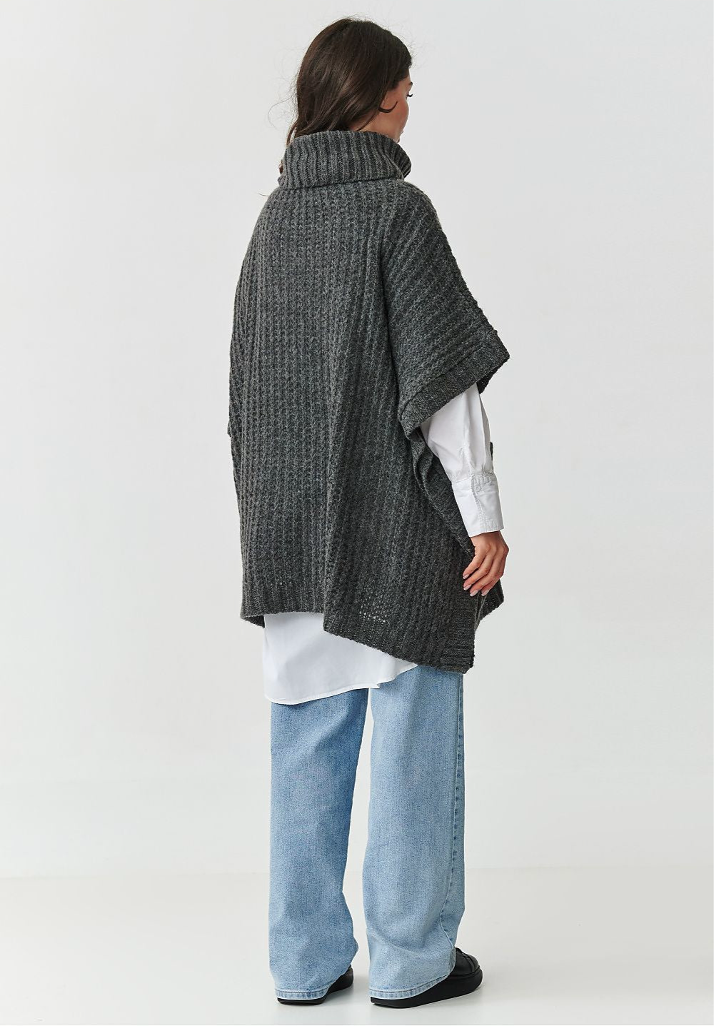 Oversized Wool Blend Turtleneck Poncho Sweater in Dark Grey