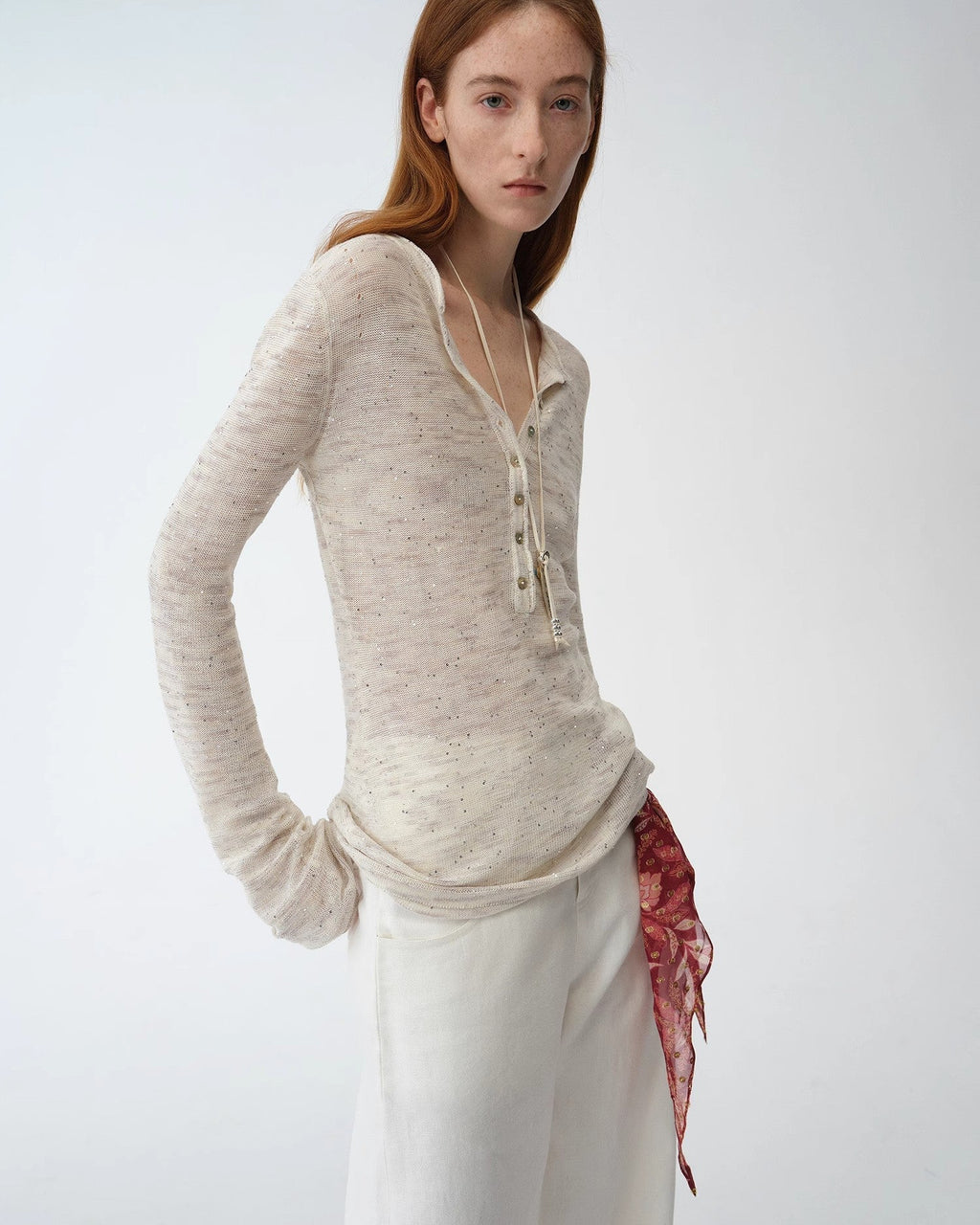 Cotton and Linen Beaded Yarn Waisted Bell Sleeve Cardigan ‘Perry Moonlight’