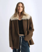 Fireladyfur Wool Tweed Coat with Detachable Fur Collar 'Vertical Texture'