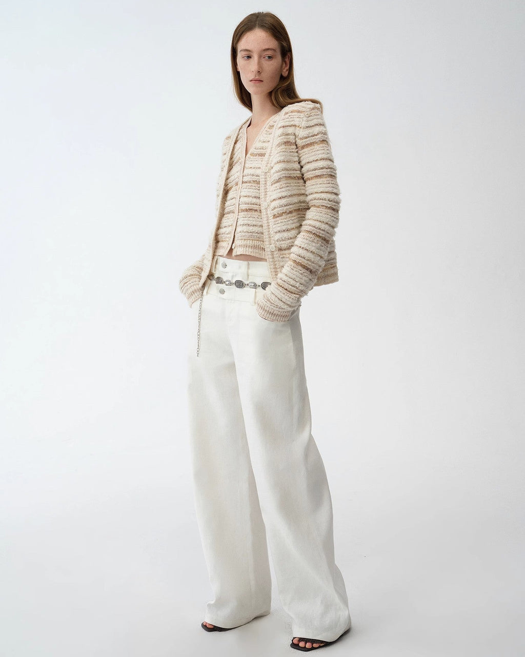 ‘Nice Weekend’ Striped Mixed Woven Knit Cardigan/Vest