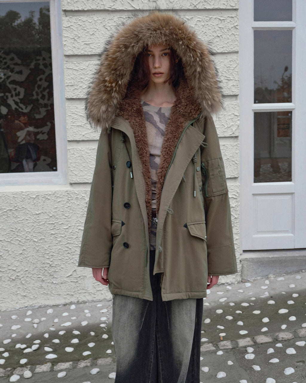 Fireladyfur Shearling Lined Down Parka with Fur Collar Hood ‘Coastal Highway II’