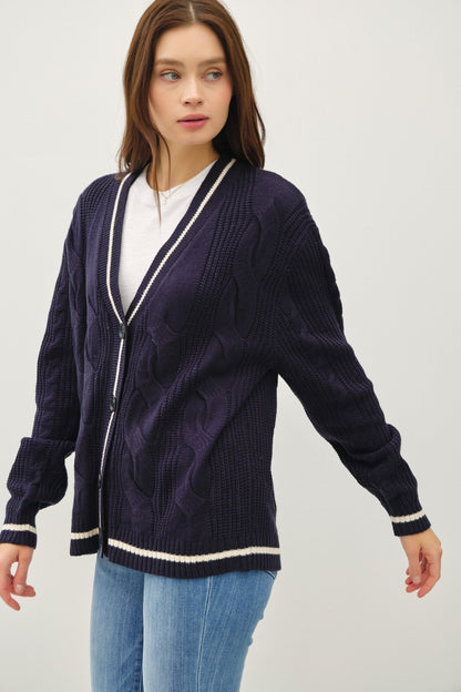 Contrast Trim Cable-Knit V-Neck Cardigan Navy