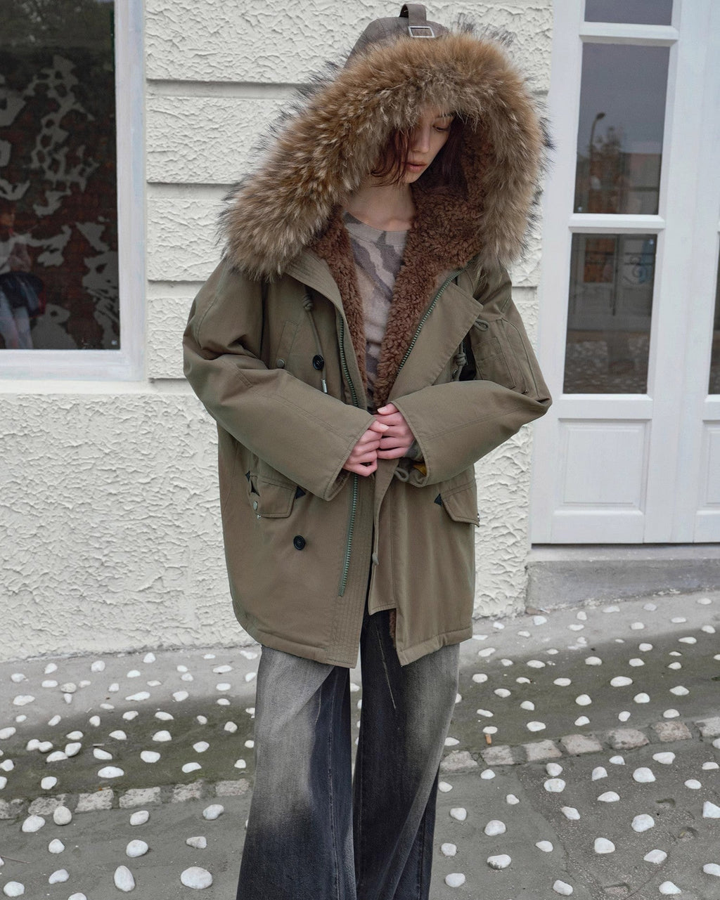 Fireladyfur Shearling Lined Down Parka with Fur Collar Hood ‘Coastal Highway II’