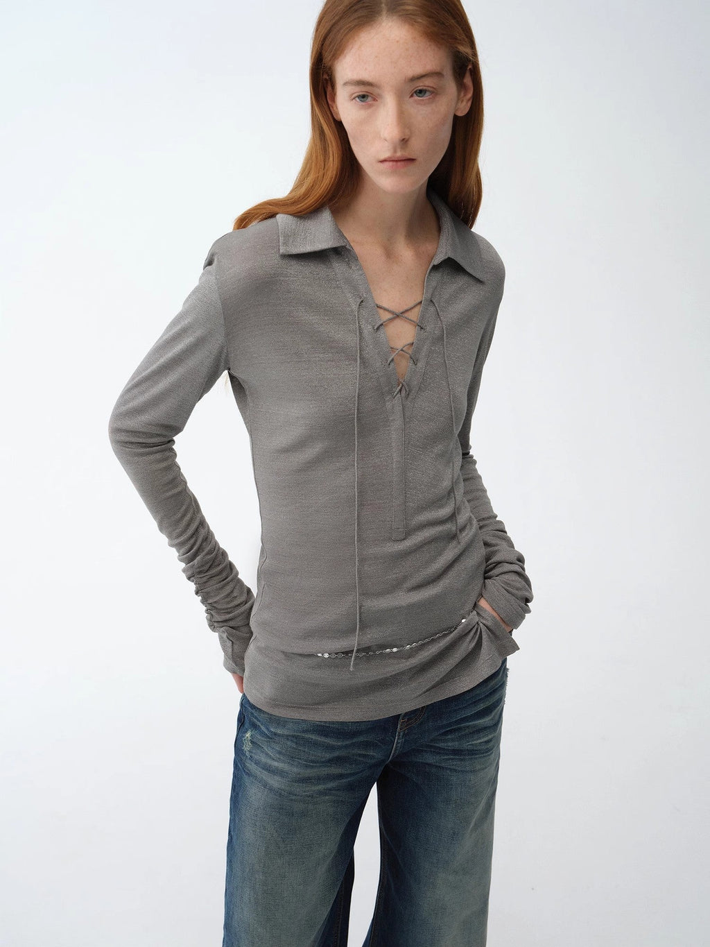 Light Silver Silk Slightly Transparent Knit Top ‘Eiffel’