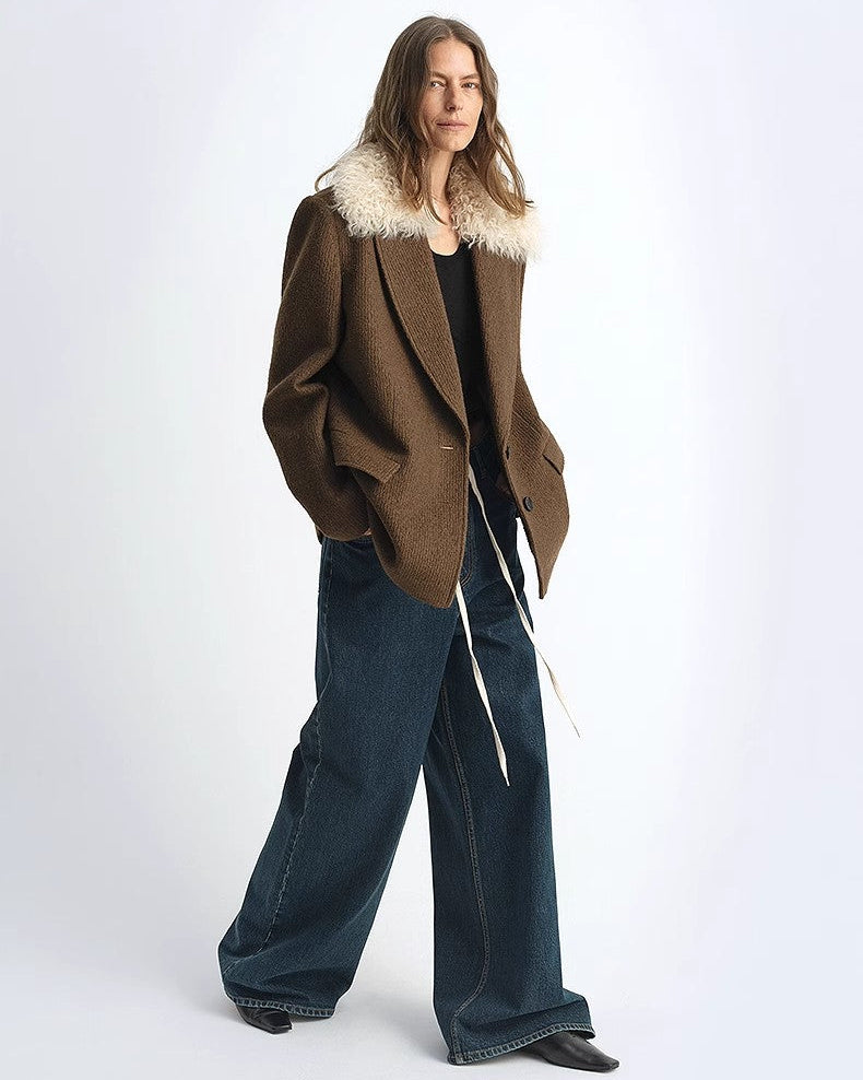 Fireladyfur Wool Tweed Coat with Detachable Fur Collar 'Vertical Texture'