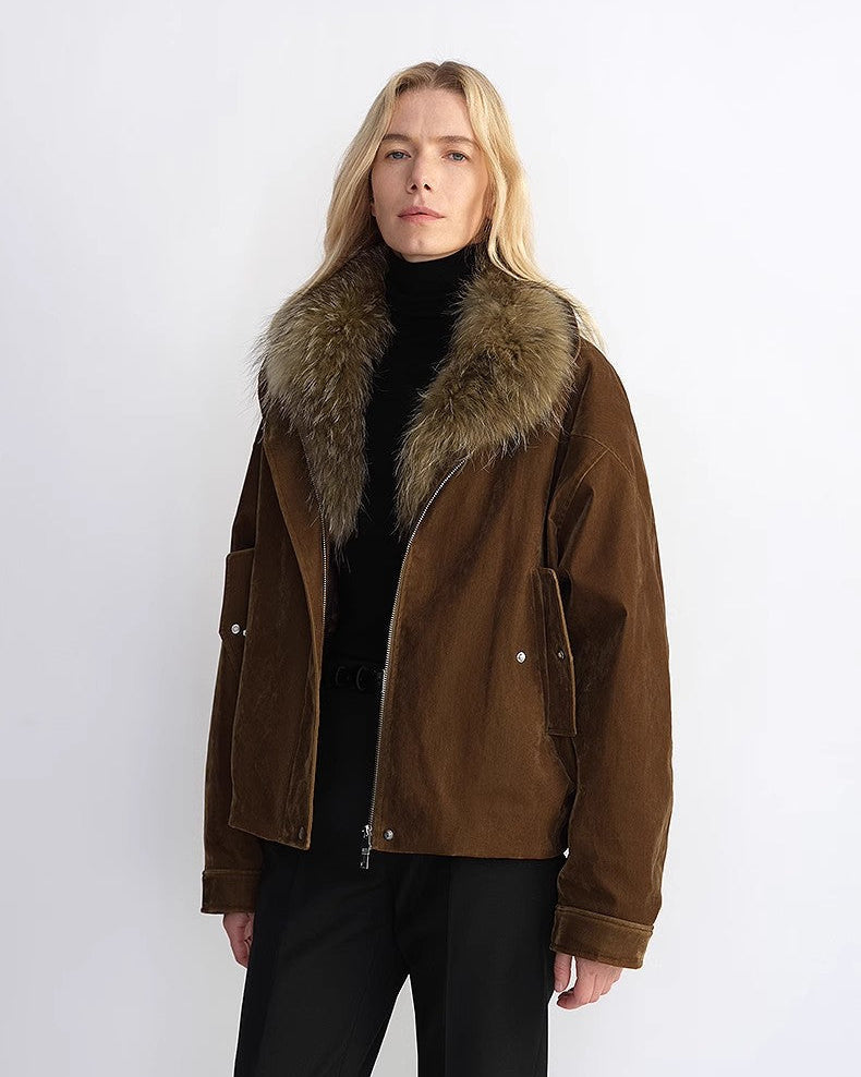 Fireladyfur Women's Loose Parka with Detachable Raccoon Fur Collar