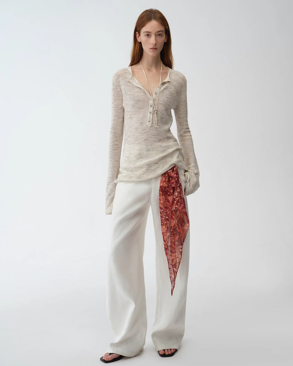 Cotton and Linen Beaded Yarn Waisted Bell Sleeve Cardigan ‘Perry Moonlight’