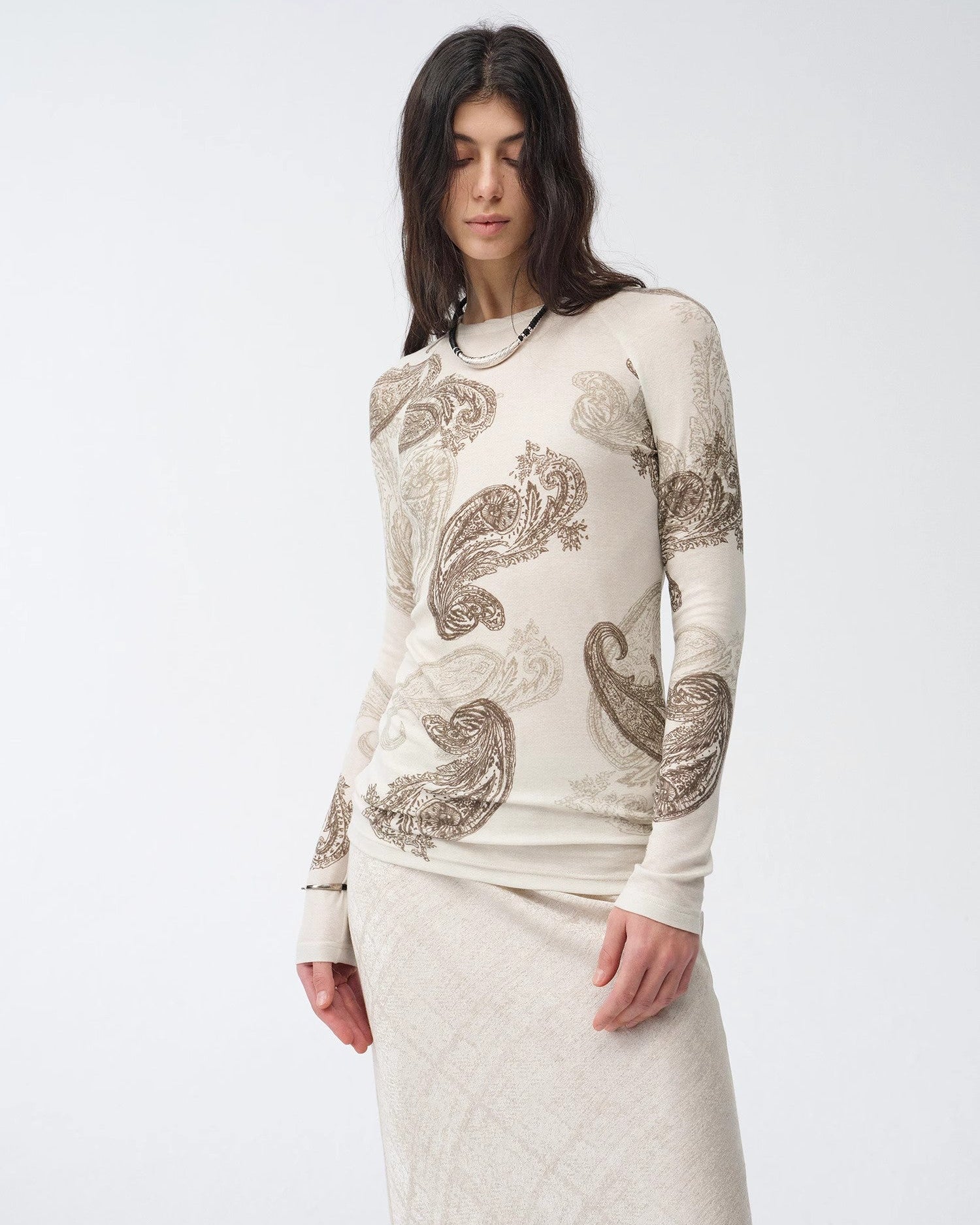 Tencel Wool Original Cashew Print Round Neck Long Sleeve Top and Skirt Set ‘Vintage Gene’
