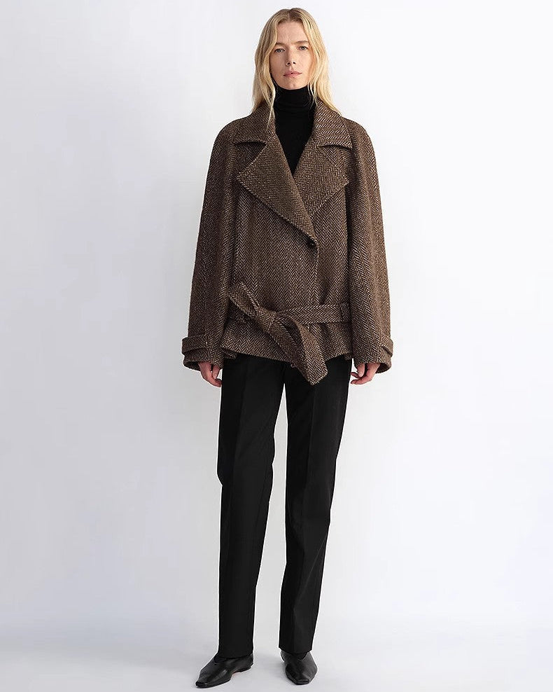 'Warm Cocoon' Italian Herringbone Wool Classic Lapel Short Coat