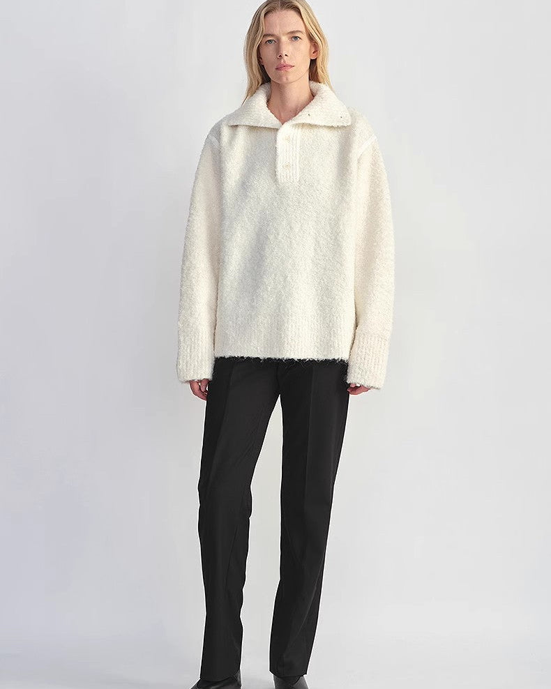 Alpaca Wool Blend Bouclé Yarn Spliced Polo Sweater Shirt