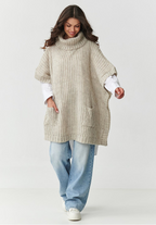 Oversized Wool Blend Turtleneck Poncho Sweater in Beige