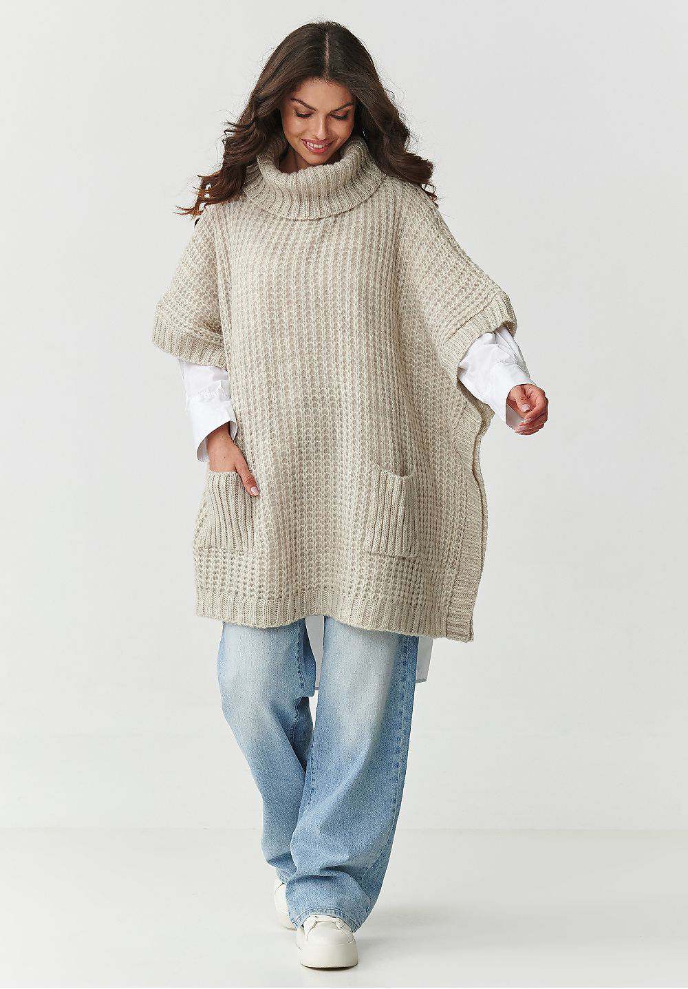 Oversized Wool Blend Turtleneck Poncho Sweater in Beige