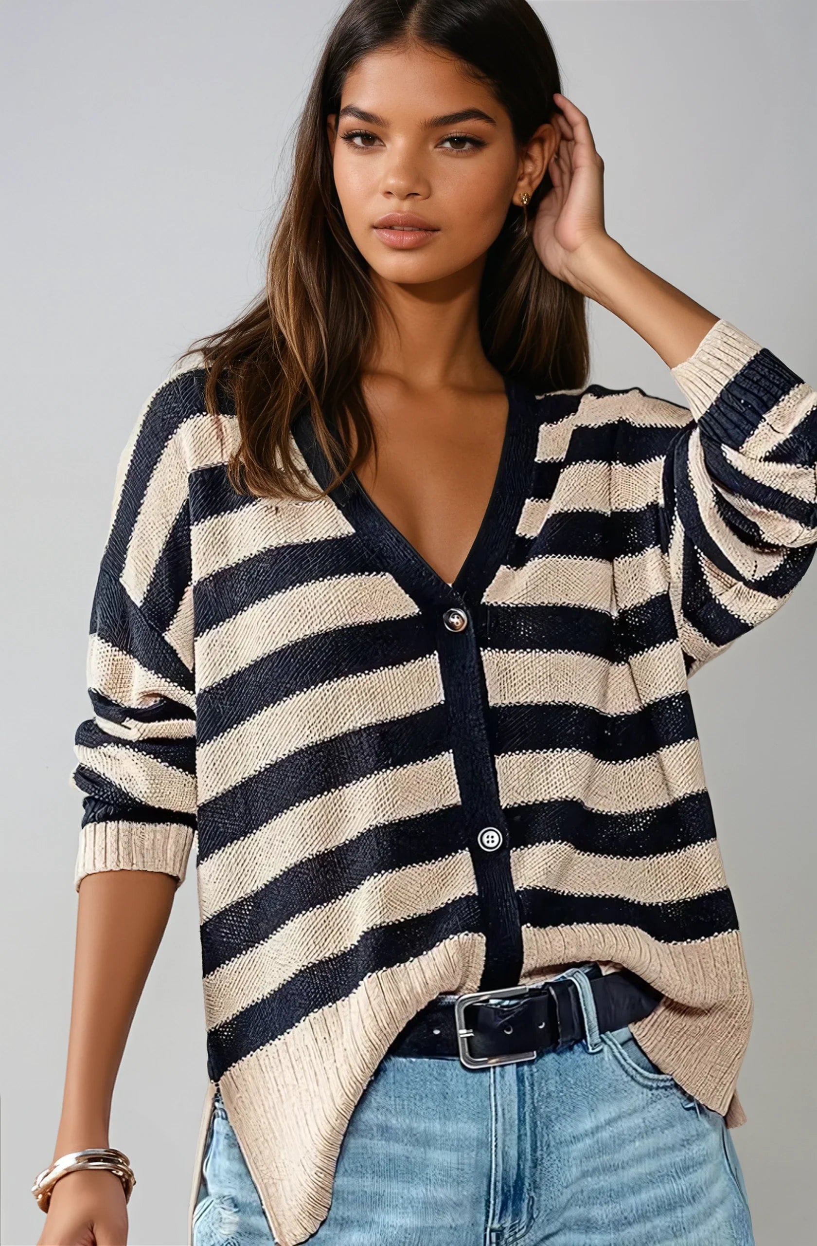 Coastal Muse Striped Knit Cardigan Navy & Cream