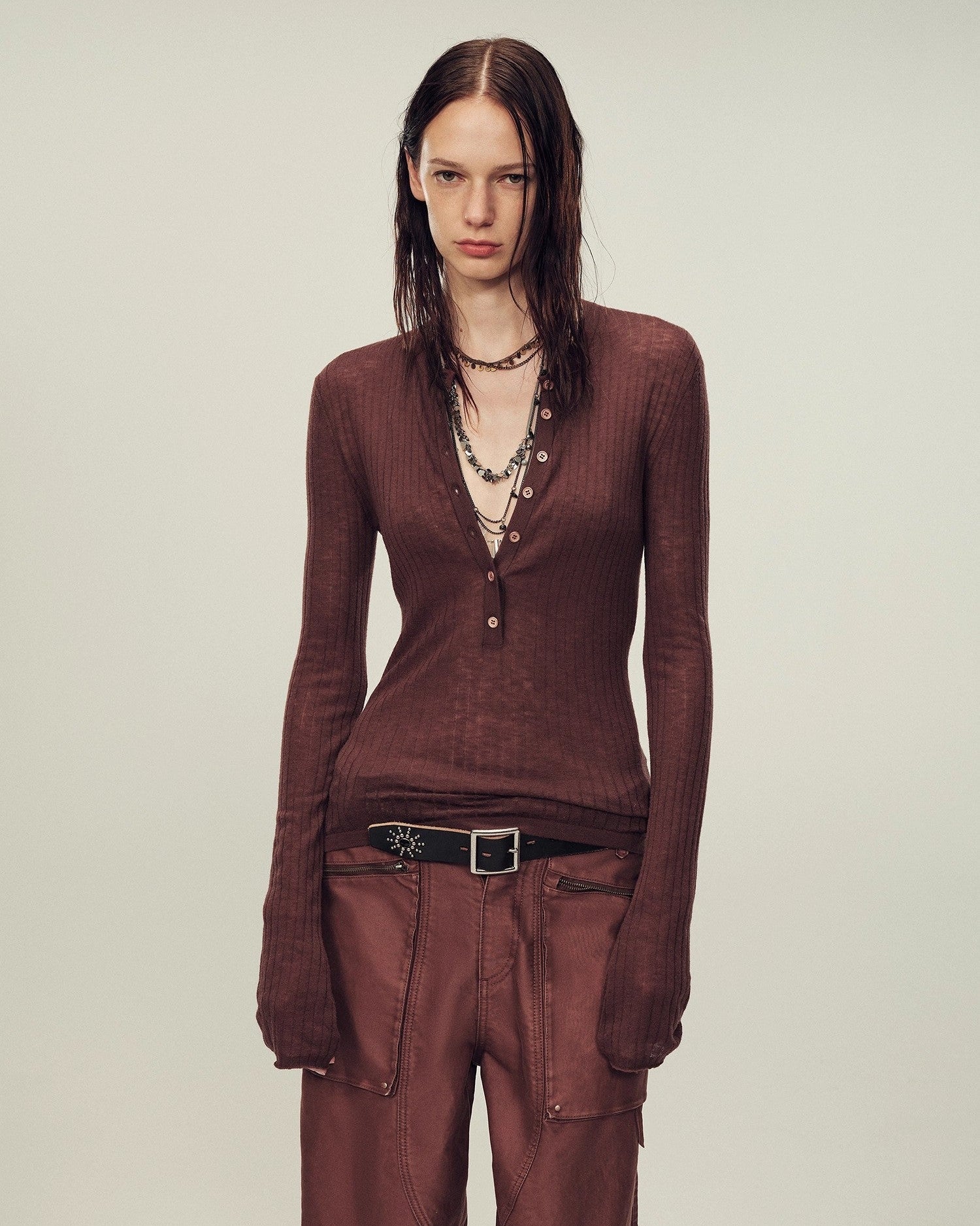Ultrafine Wool Blend Versatile V-Neck Cardigan "Warm Brown Quiet Autumn"