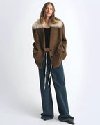 Fireladyfur Wool Tweed Coat with Detachable Fur Collar 'Vertical Texture'