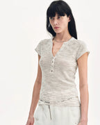 Cotton and Linen Blend Sequined Henley Neck Top ‘Minimalist Light Gap’