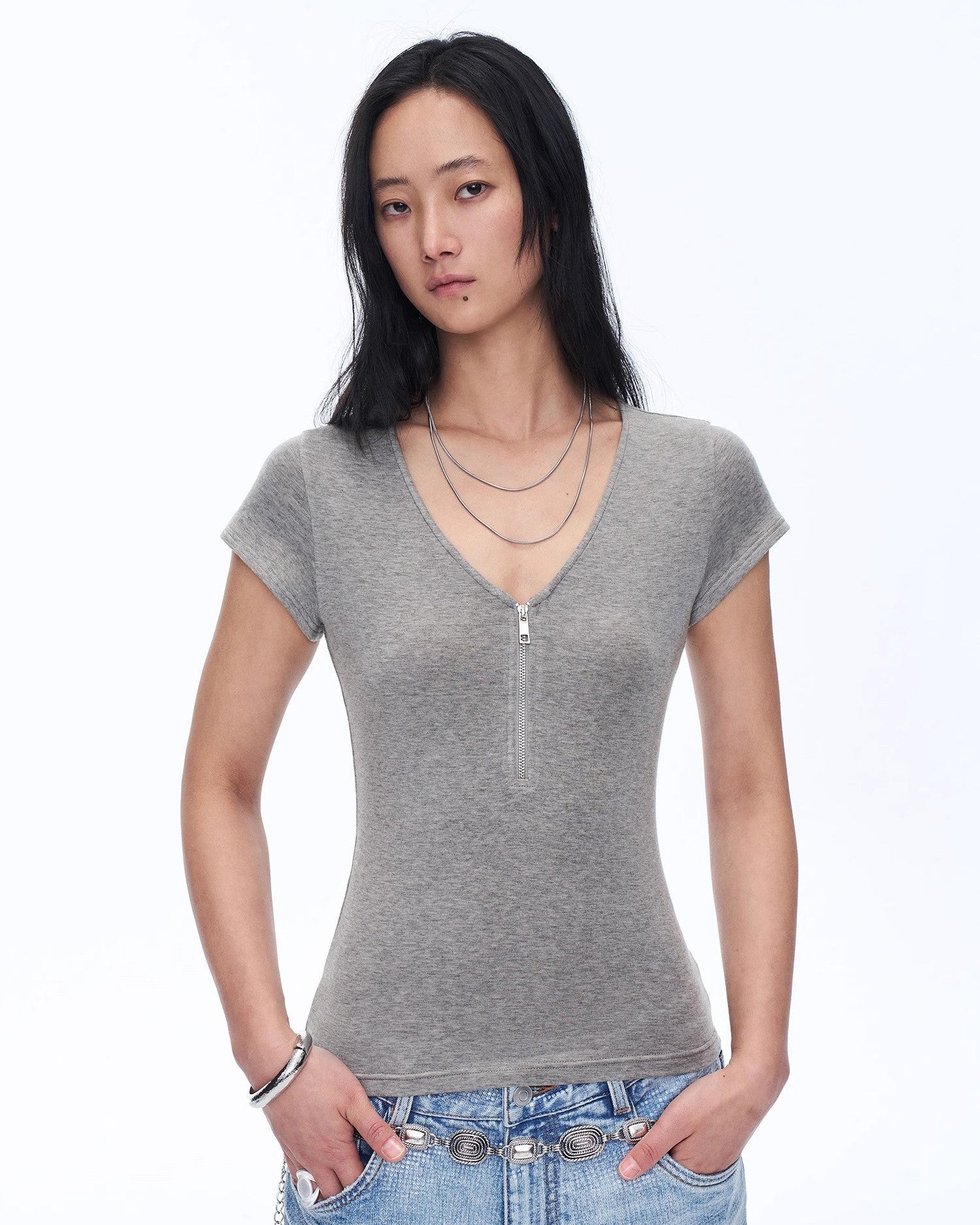 Wool Tencel Deep V-Neck with Zipper Short Sleeve Top