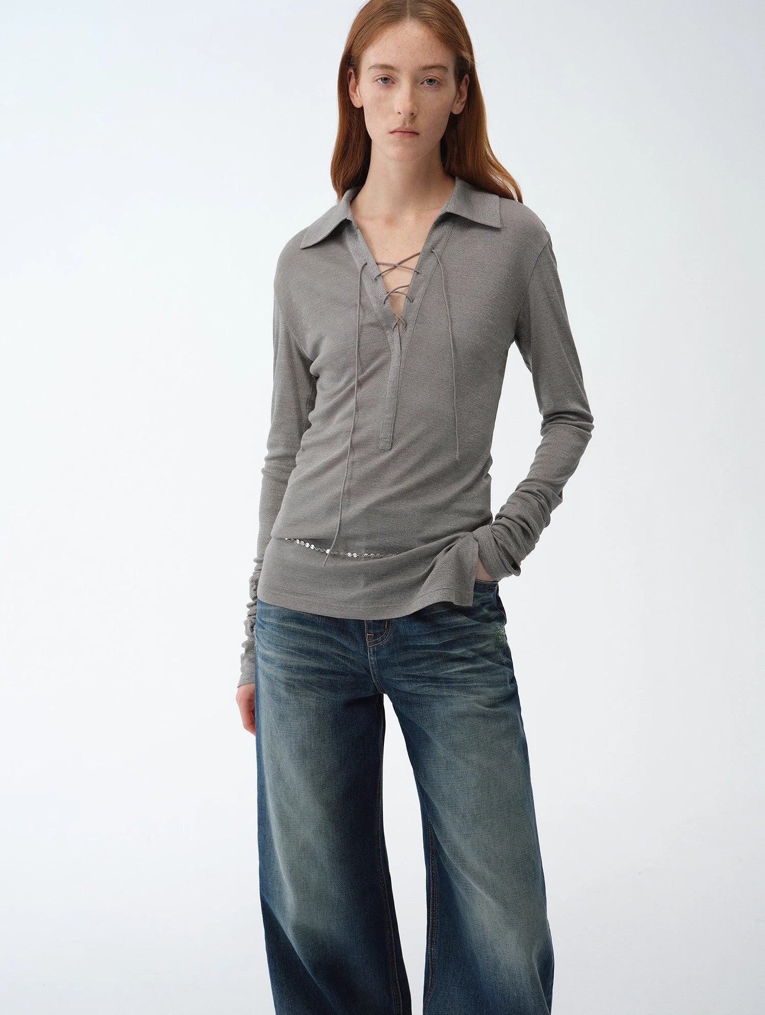 Light Silver Silk Slightly Transparent Knit Top ‘Eiffel’