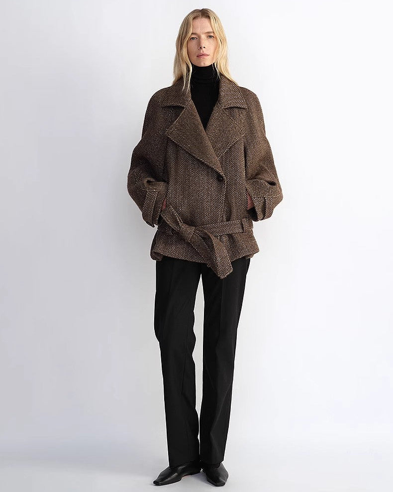'Warm Cocoon' Italian Herringbone Wool Classic Lapel Short Coat