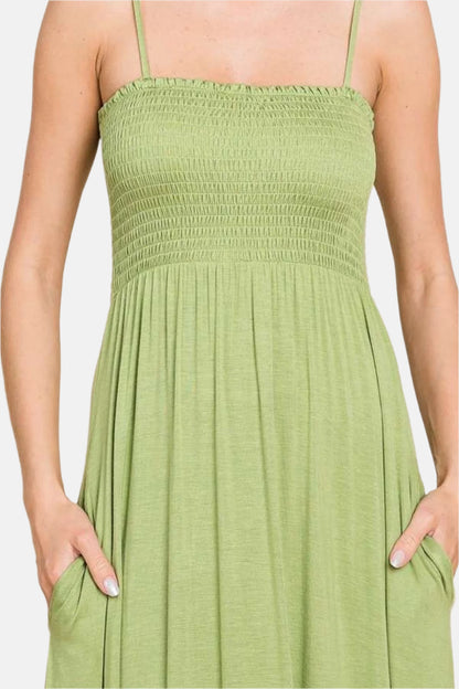 Smocked Cami Maxi Dress with Pockets Olive