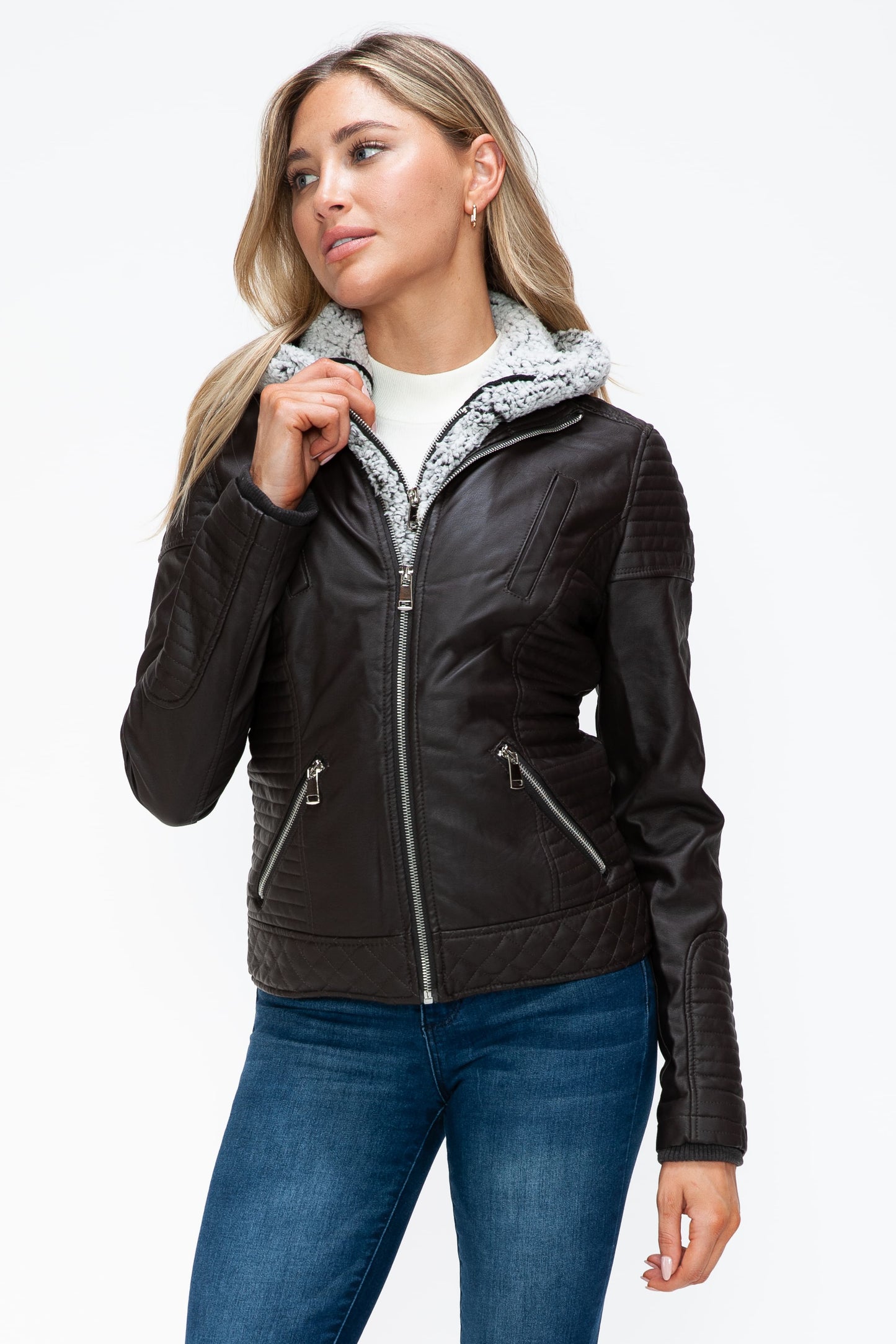 Faux Layered Double-Zipper Jacket with Fuzzy Hood Dark Choco