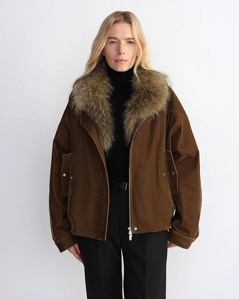Fireladyfur Women's Loose Parka with Detachable Raccoon Fur Collar