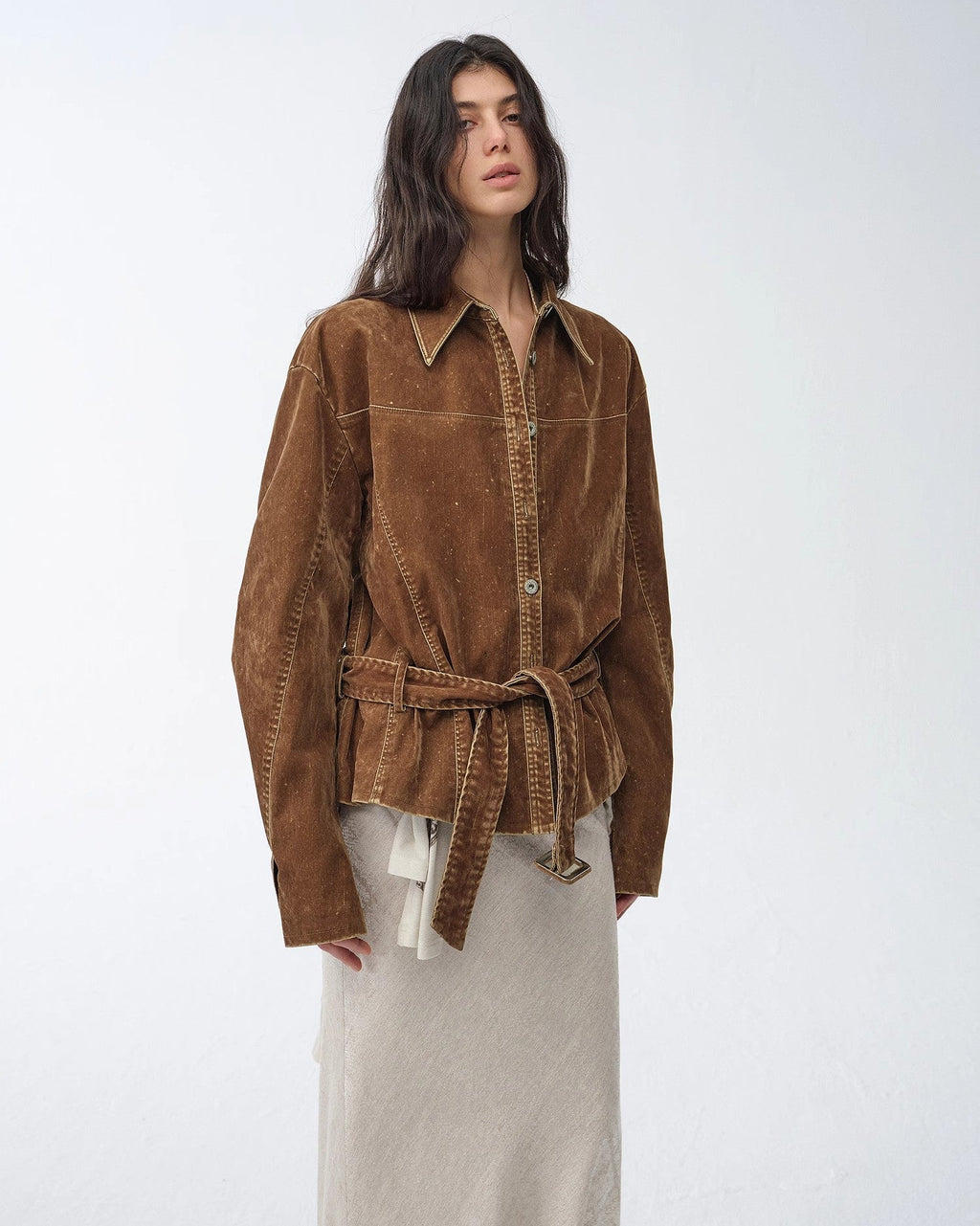 ‘Haruno Dream’ Retro Distressed Flocked Low Waist Long Sleeve Shirt Jacket