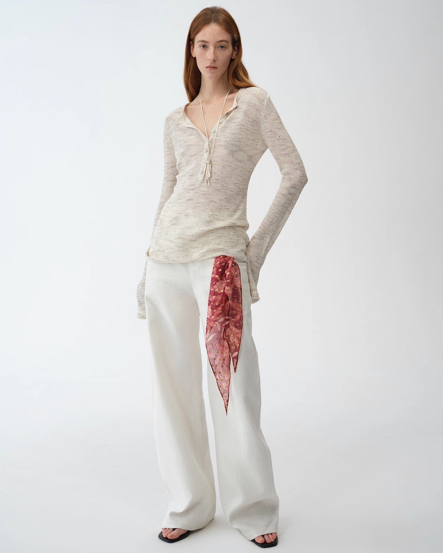 Cotton and Linen Beaded Yarn Waisted Bell Sleeve Cardigan ‘Perry Moonlight’