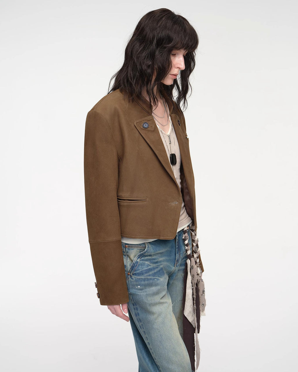 Stand Collar Short Jacket in Sheepskin Leather ‘Roman Story’