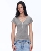Wool Tencel Deep V-Neck with Zipper Short Sleeve Top