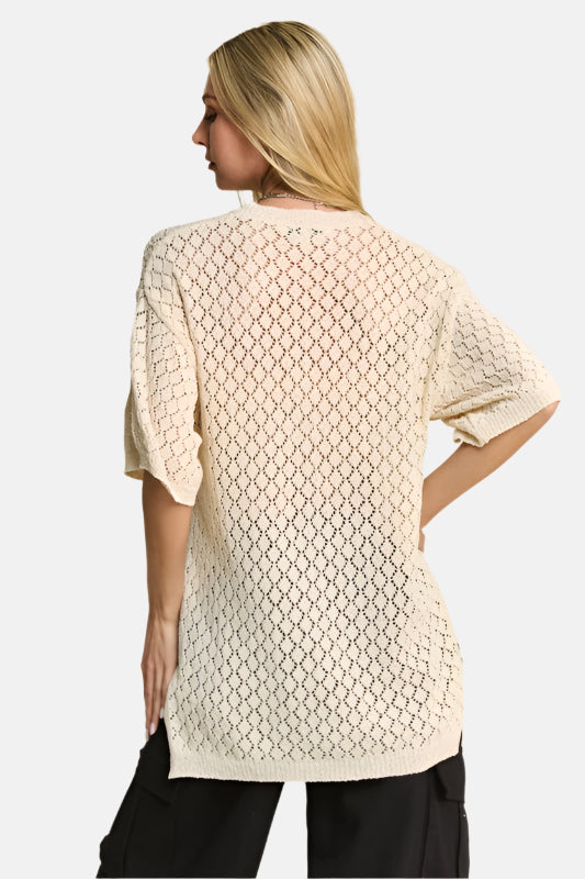 Side Slit Openwork Half Sleeve Knit Cover Up