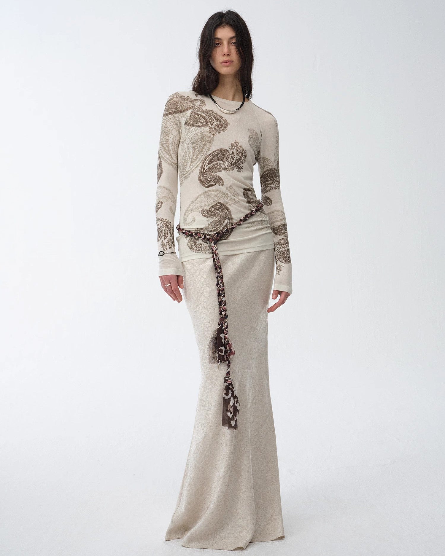 Tencel Wool Original Cashew Print Round Neck Long Sleeve Top and Skirt Set ‘Vintage Gene’
