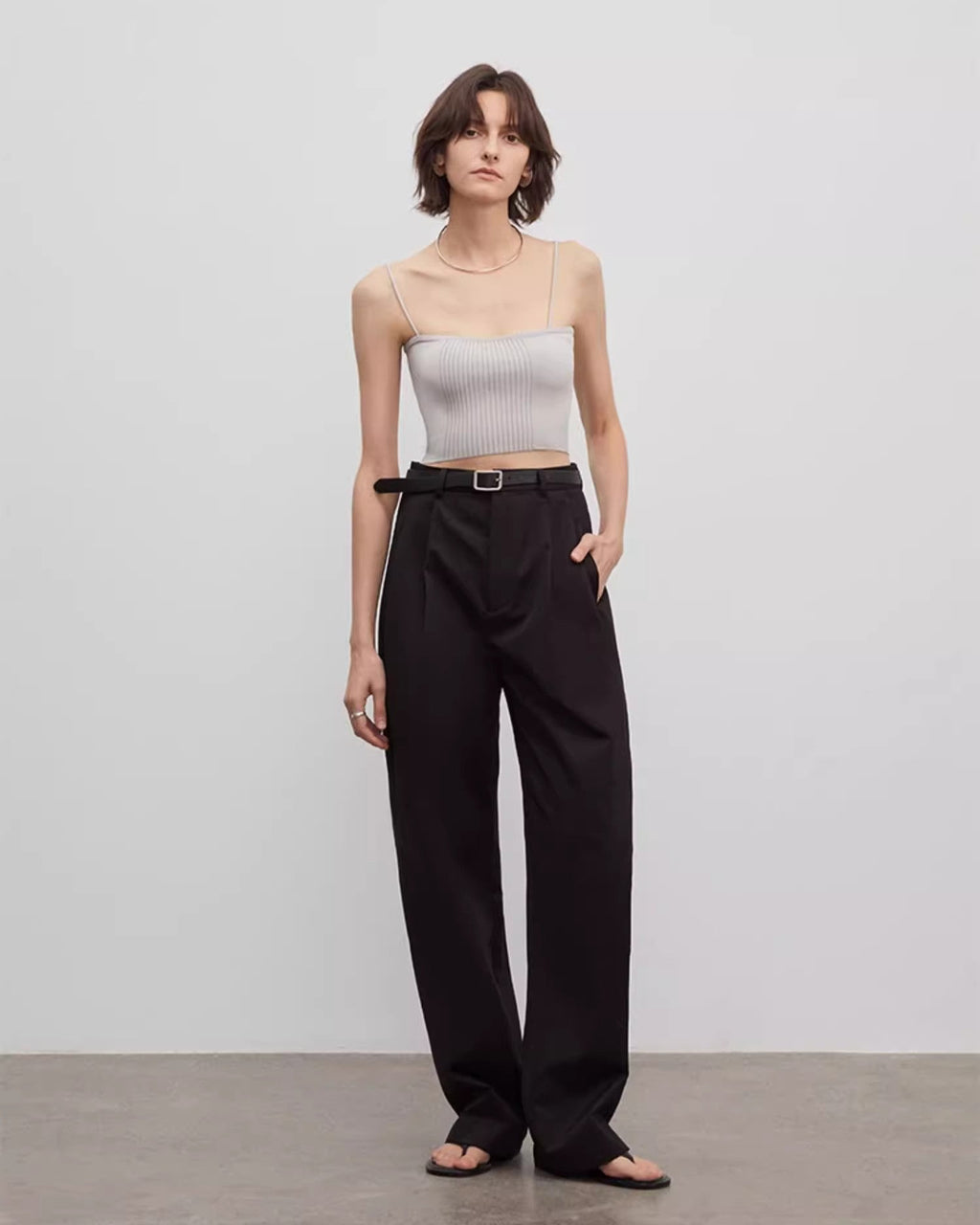 Spliced Double-Pleat Wide Leg Straight Trousers
