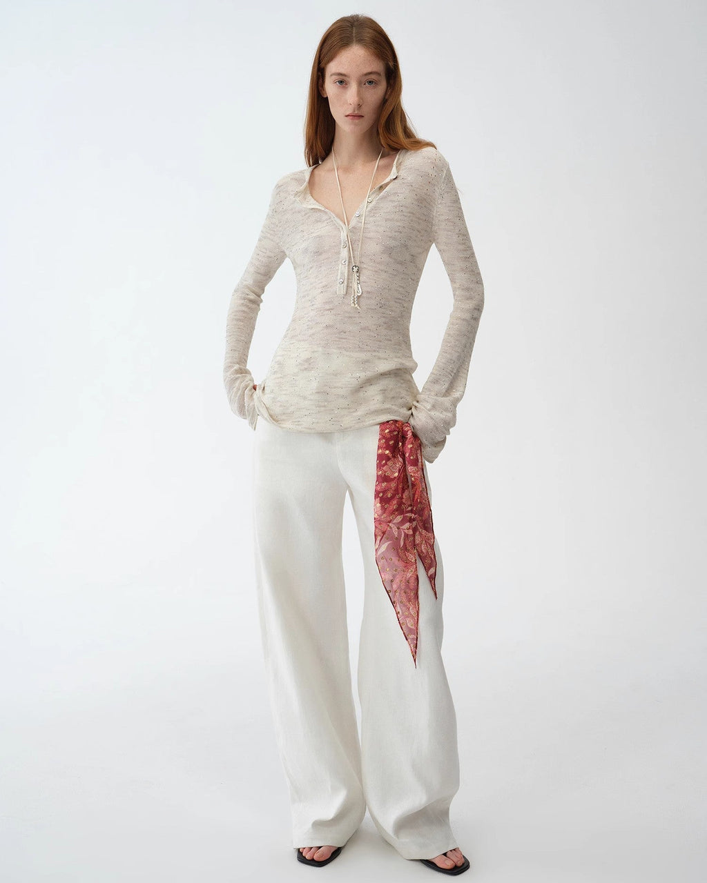Cotton and Linen Beaded Yarn Waisted Bell Sleeve Cardigan ‘Perry Moonlight’